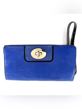 Kate Spade Blue Leather Long Bi Fold Wallet Brass Logo Turn Lock Wristlet Strap